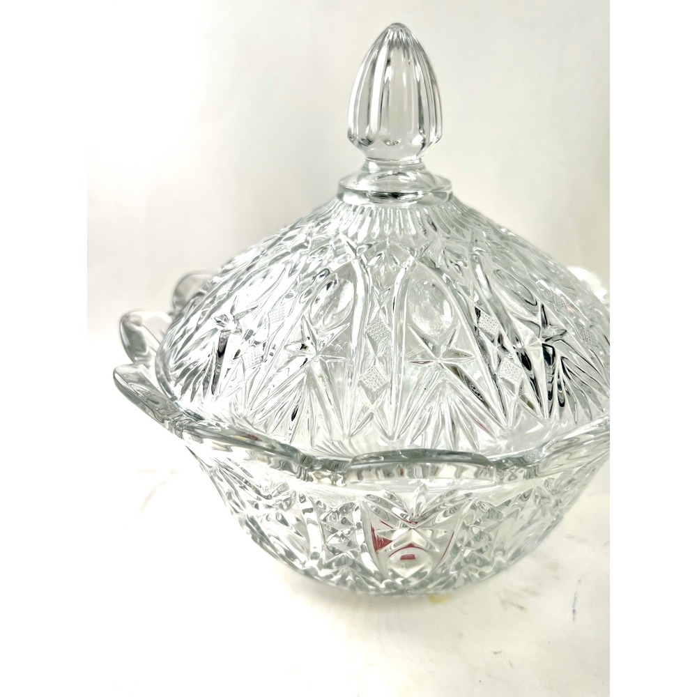 Sakura Glass Clear Cut Crystal Lidded Candy Dish Scalloped Bowl with Finial‎ Lid